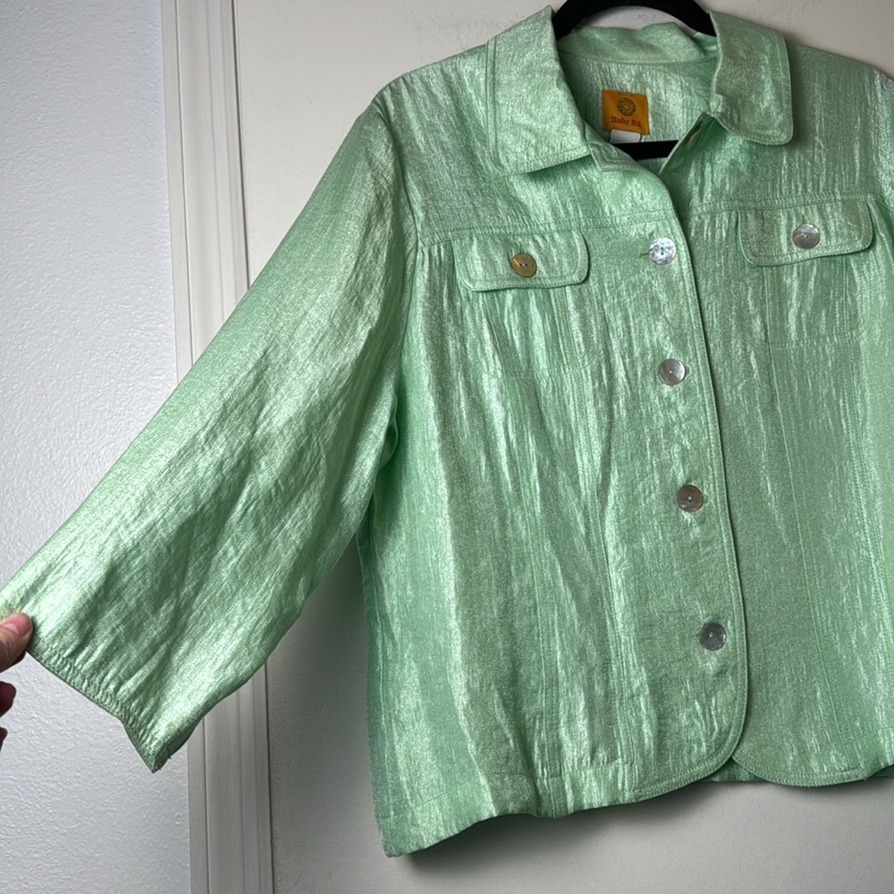 Casual Ruby Rd. Iridescent Green Button Up Spring… - image 2